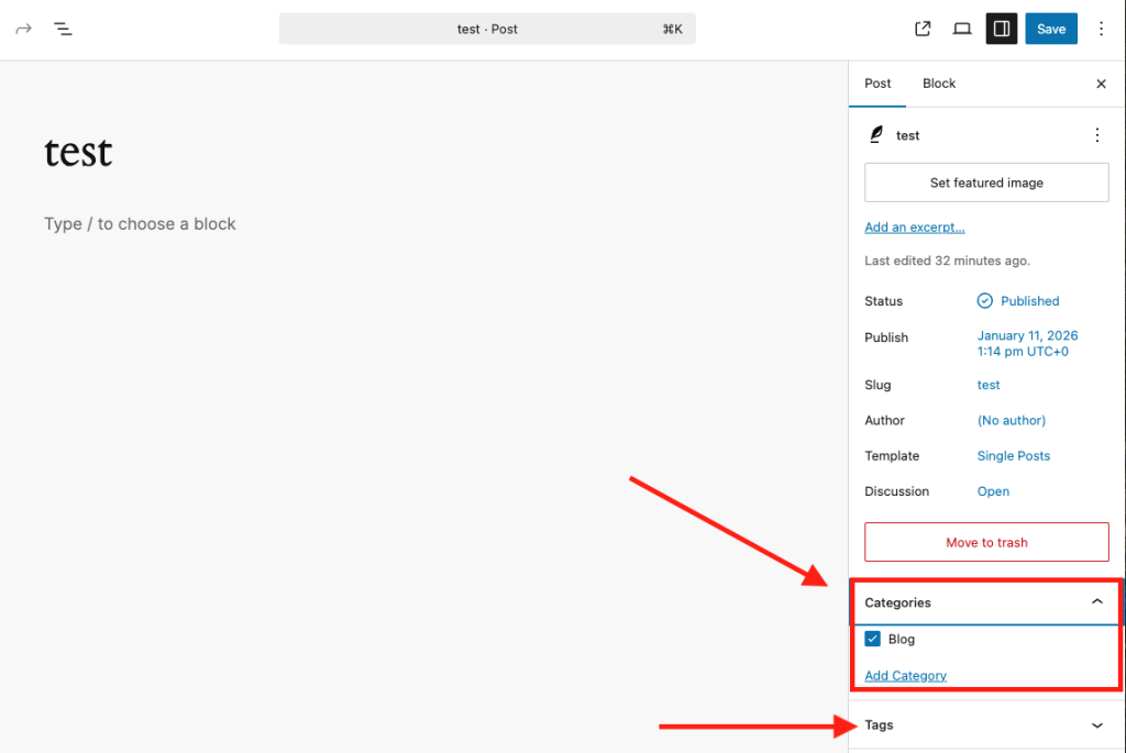 Categories and tags panel