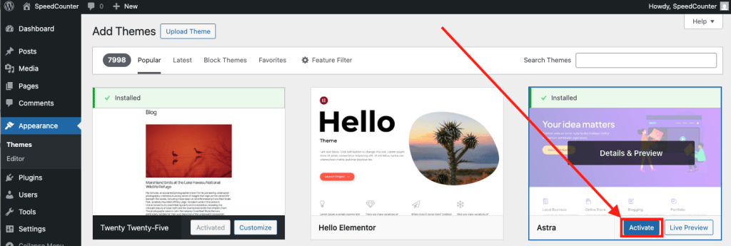 Theme activation confirmation