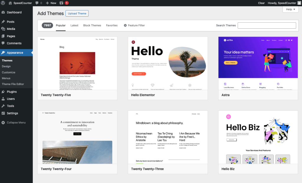 wordpress theme search and filter interface
