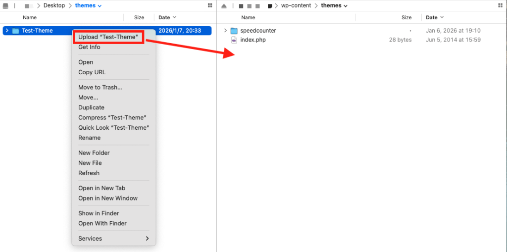upload themes directory on server
